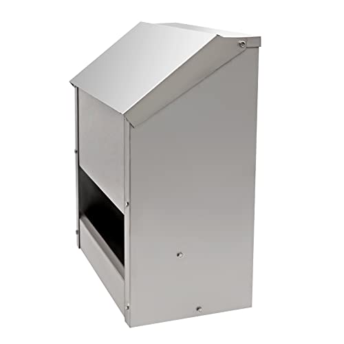 Galvanized Steel Chicken Feeders No Waste Poultry Food Dispenser | 25 Lbs Weatherproof Wall Mount Poultry Feeder with Lid, No Assembly Required, for Chickens, Ducks, Geese and Turkeys