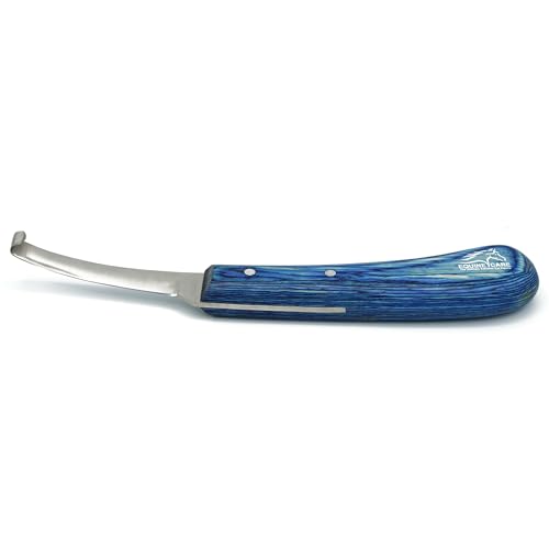 Right-Handed Narrow Farrier Hoof Knife, Horses, Ponies, Minis | Narrow hoof knife for detail trimming; J2 stainless steel blade; smooth blue layered handle; right- or left-handed - style: Right-Handed