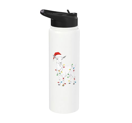 Cute Christmas Goat Kids Santa Hat Holiday Lights Farm Funny Stainless Steel Insulated Water Bottle - color: White