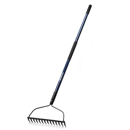 WIKER Heavy Duty Steel Garden Rake, 57 Inch Fiberglass Long Handle with 14 Tempered Tines, One-Piece Non-Slip Yard Rake for Soil, Gravel, Leaves, Gardening & Landscaping