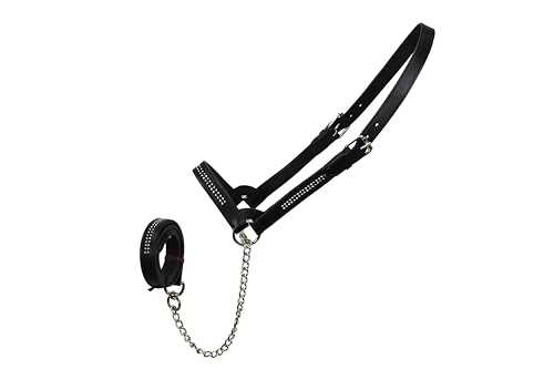 Derby Originals New and Improved Premium Crystal Bling Rhinestone Inlay Flat Leather Cattle Show Halter with Matching Chain Lead - color: Havana, size: Large (950lbs-1500lbs)