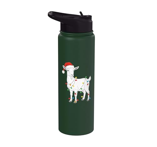 Cute Christmas Goat Kids Santa Hat Holiday Lights Farm Funny Stainless Steel Insulated Water Bottle - color: Dark Green