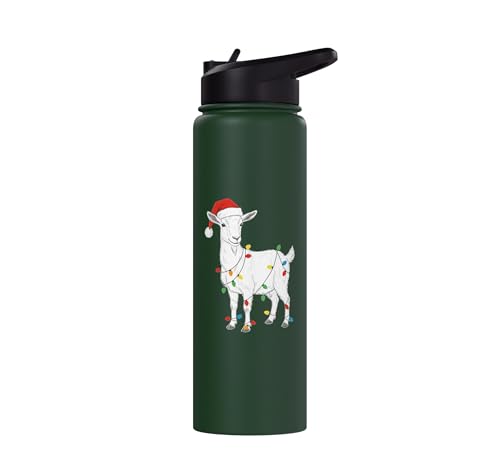 Cute Christmas Goat Kids Santa Hat Holiday Lights Farm Funny Stainless Steel Insulated Water Bottle - color: Dark Green