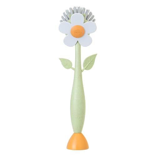 Vigar Florganic Dish Brush with Handle and Built-in Stand, Multicolor | Daisy-Shaped Kitchen Scrub Brush, Dishes and Sink Cleaning, Non-Stick Safe Soft Nylon Bristles, Dishwasher Safe