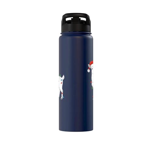Cute Christmas Goat Kids Santa Hat Holiday Lights Farm Funny Stainless Steel Insulated Water Bottle - color: Navy Blue