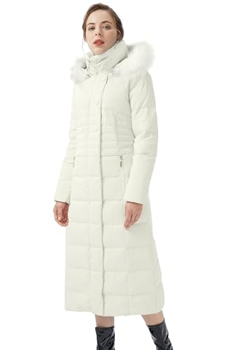 Orolay Women Warm Down Jacket with Hood Fur Long Puffer Coat Brown - color: White + White Fur Trim, size: XX-Large