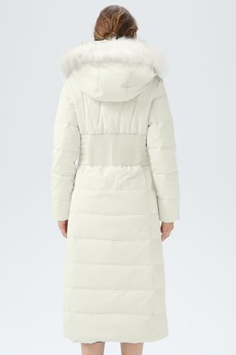 Orolay Women Warm Down Jacket with Hood Fur Long Puffer Coat Brown - color: White + White Fur Trim, size: XX-Large