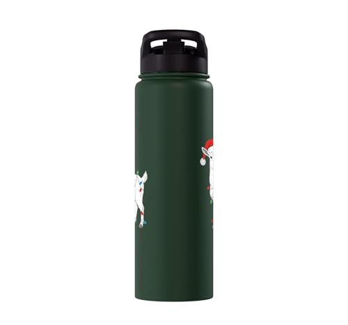 Cute Christmas Goat Kids Santa Hat Holiday Lights Farm Funny Stainless Steel Insulated Water Bottle - color: Dark Green
