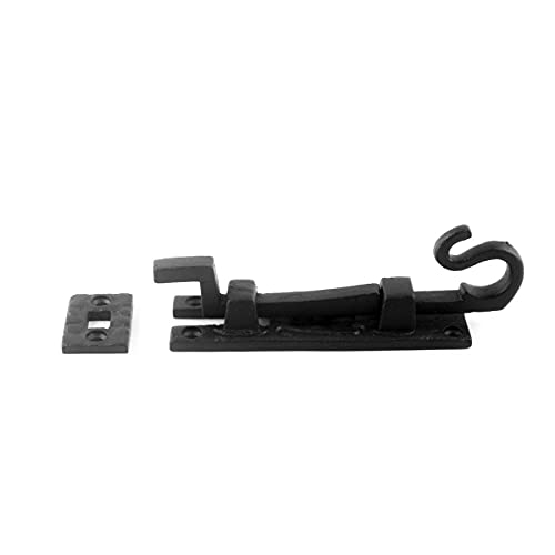 Renovators Supply Manufacturing Door Lock Latch 5 in. Black Wrought Iron Pig Tail Tip Styled Necked Offset Slide Bolt Latch with Mounting Hardware - size: Pack of 1, style: Antique