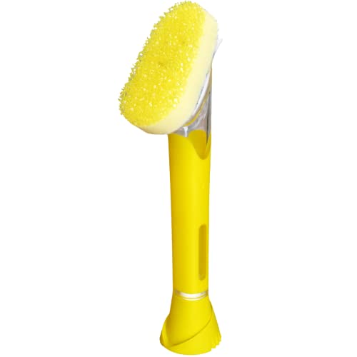 Scrub Daddy Dish Wand, Soap Dispensing Dish Brush, Texture Changing Washing Up Sponge with Liquid Handle, Built-in Scraper & Detachable Scrubbing Head, Drip Stand, Yellow - color: Yellow