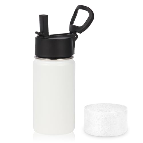 Volhoply 14oz KIds Stainless Steel Insulated Leakproof Water Bottle with Straw Lid and Silicone Boot,BPA-Free Easy Use for Boys&Girls,Double Wall Vacuum Bottles(White,1) - color: White
