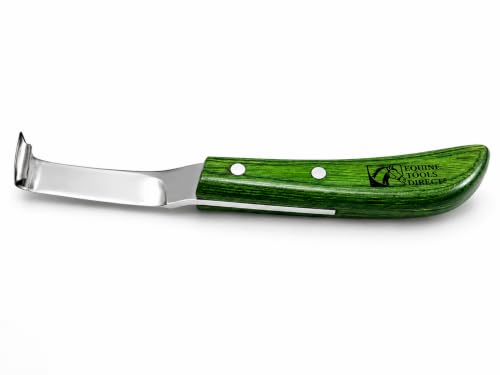 Right-Hand Straight Blade Hoof Knife with Rhino Hook, J2 420 Magnetic Stainless Steel, Ergonomic Green Handle, Farrier Horse Hoof Trimming Tool for Sole & Frog Paring