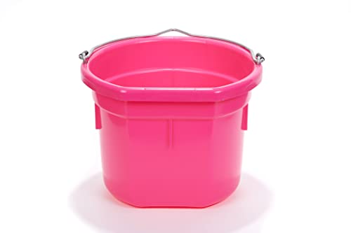 Little Giant® Flat Back Plastic Animal Feed Bucket | Horse Stall Bucket with Metal Handle | Horse Stable Feeding and Watering Supplies | 8 Quarts | Hot Pink
