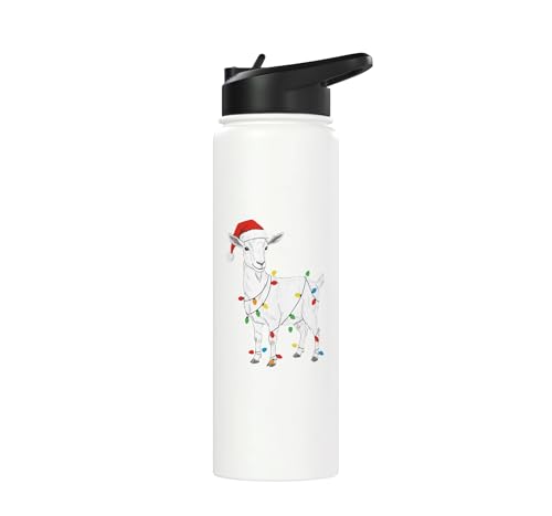 Cute Christmas Goat Kids Santa Hat Holiday Lights Farm Funny Stainless Steel Insulated Water Bottle - color: White