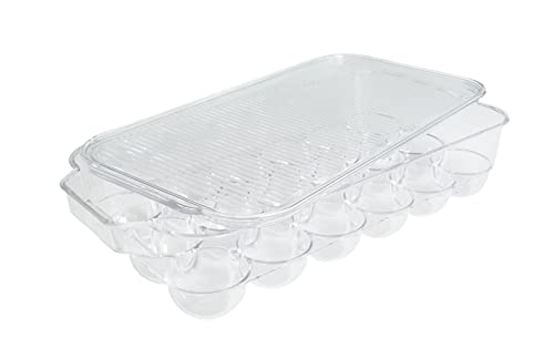 Kitchen Spaces Deluxe Egg Tray, Holds 18 Eggs, Refrigerator Storage Container with Lid, Stackable Fridge Organizer, Crush-Proof, BPA-Free, Clear - style: Deluxe Egg Tray