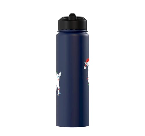 Cute Christmas Goat Kids Santa Hat Holiday Lights Farm Funny Stainless Steel Insulated Water Bottle - color: Navy Blue