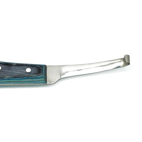 Left-Handed Narrow Farrier Hoof Knife, Horses, Ponies, Minis | Narrow hoof knife for detail trimming; J2 stainless steel blade; smooth blue layered handle; right- or left-handed - style: Left-Handed