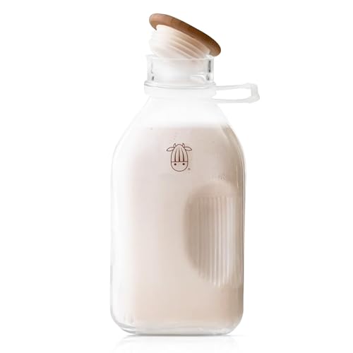Almond Cow - Glass Pitcher with Lid and Spout, Glass Bottle Milk Container for Refrigerator, Clear Milk Jar Bottles, Food-Grade Liquid Container - 60 fl oz Capacity, 5 x 4 x 10 Inches