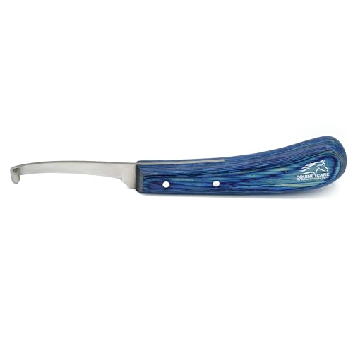 Right-Handed Narrow Farrier Hoof Knife, Horses, Ponies, Minis | Narrow hoof knife for detail trimming; J2 stainless steel blade; smooth blue layered handle; right- or left-handed - style: Right-Handed