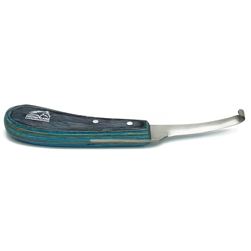 Left-Handed Narrow Farrier Hoof Knife, Horses, Ponies, Minis | Narrow hoof knife for detail trimming; J2 stainless steel blade; smooth blue layered handle; right- or left-handed - style: Left-Handed
