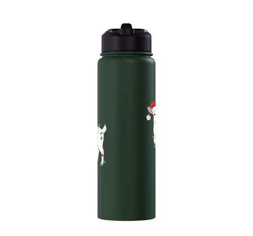 Cute Christmas Goat Kids Santa Hat Holiday Lights Farm Funny Stainless Steel Insulated Water Bottle - color: Dark Green