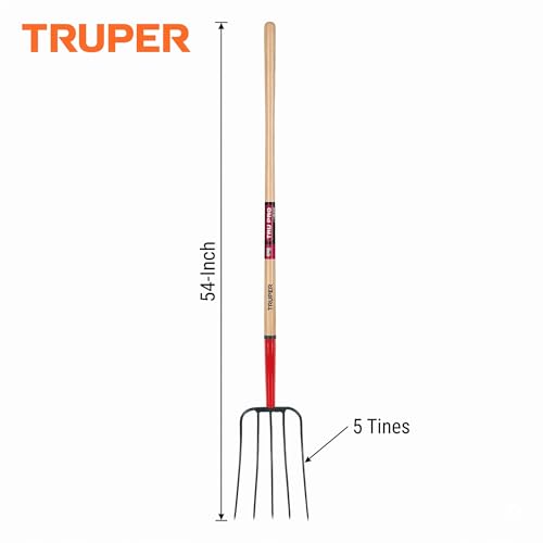 Truper Tru Pro 5-Tine Manure Fork, 54-Inch Premium White Ash Wood Handle, Forged Steel Head, Heavy-Duty Agricultural & Farm Tool (Model BPJ-5E / 30314)
