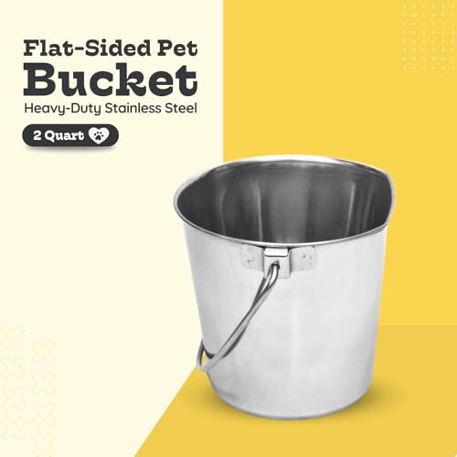 2 quart Stainless Steel Flat Side Bucket | 0.5 gal Durable Heavy Duty Food & Water Feeding Pails for Small Pet Birds Dog Cat | Fits kennel Cages Critter Crates Hanging Pail | Multipurpose - size: 2 Quarts