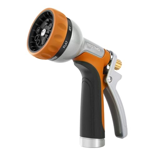 RESTMO Garden Hose Nozzle Heavy Duty, Rear Trigger Water Sprayer, Orange | 7 Adjustable Spray Patterns, Durable Metal, Flow Control, Ideal for Plants & Lawns Watering, Cars & Pets Washing - color: Orange