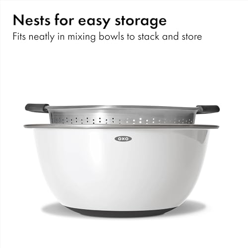 OXO Good Grips Strainer - 5 Qt Capacity, Stainless Steel | Colander, Nesting Design For Easy Storage, Non-Slip Handles, Drains Pasta And Vegetables, Dishwasher Safe - size: 5 Qt