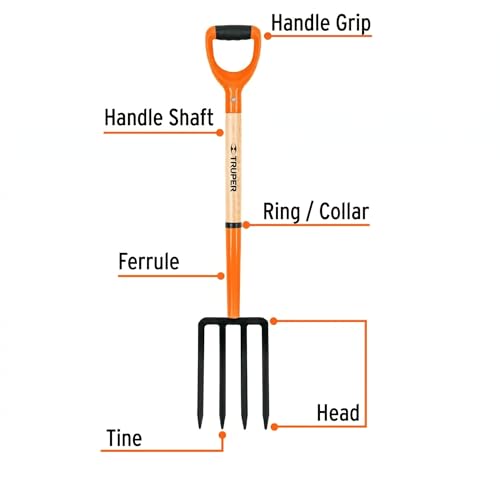 Truper Garden Fork, 4 Tines, 29-Inch Ash Wood Handle with Comfort Grip Y Handle, Forged One-Piece Steel Head (Model BJ-4P / 11018)