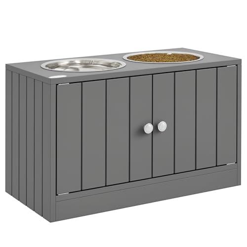 PawHut Large Elevated Dog Bowls with Storage Cabinet 44L Capacity Gray | Raised Dog Bowl Stand, Pet Feeding Station - color: Gray