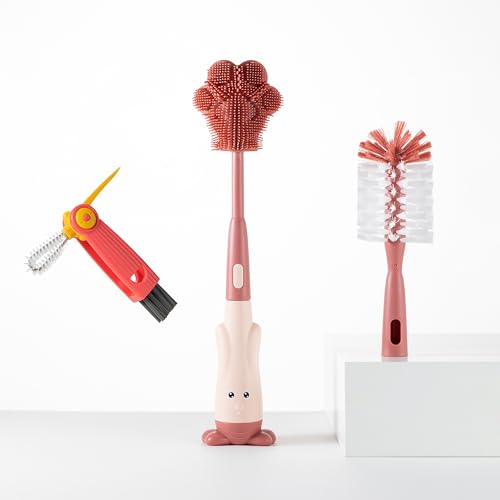 Silicone Baby Bottle Brush with Stand, Water Bottle Brush Cleaner Set | Cup Cleaning Brush, Multifunctional Cleaning Brush Set - color: Pink 3