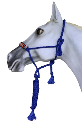 CHALLENGER Horse Nylon Beaded Noseband Braided Black Mule Tape Rope Halter Lead Rope 606200 - color: Blue Beaded