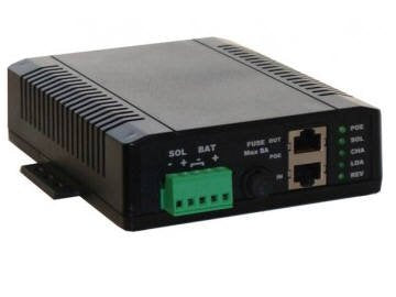 12V 8A PWM Solar Battery Charger w/24V 30W Passive PoE Out and 12V 1.5A Aux Out, Accepts 18-57V 2A Passive PoE in for Aux Batt Chrg, PoE Pinout: 4,5V+; 7,8V-, Shielded, Incl DIN Rail Mt Kit, LVD