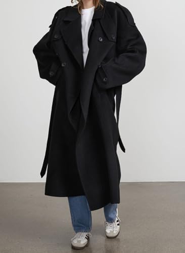 chouyatou Women's Winter Double Breasted Wool Coat Long Sleeve Notch Lapel Midi Long Winter Trench Coat with Belt - color: Black, size: X-Small
