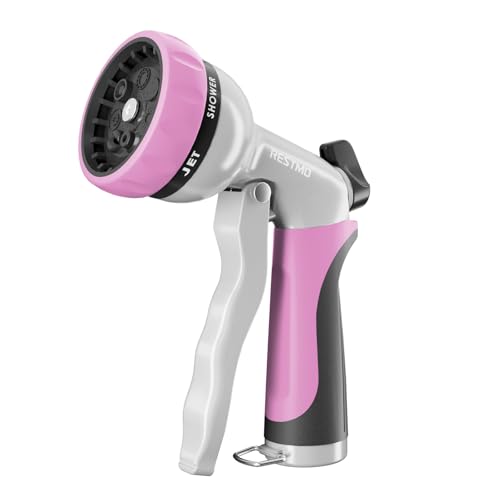 RESTMO Garden Hose Nozzle, Heavy Duty Metal Water Hose Nozzle with 7 Adjustable Spray Patterns, High Pressure Hand Sprayer with Flow Control, Best for Watering Plant & Lawn, Washing Car & Pet, Pink - color: Pink