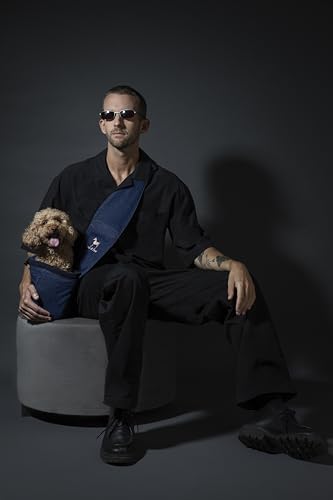 Noah & Paw Dog Sling Carrier for Small Dogs 5-18lb, Dog Sling for Small Dogs and Cats, Dog Carrier with Adjustable Padded Strap, Vegan Denim Lined with Fur, 3X Safety Features, Machine Washable - color: Dark Blue, size: 18.0"L x 10.0"W x 5.5"H