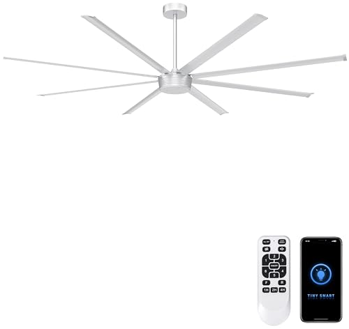Ohniyou 96" Industrial Ceiling Fan No Light, High CFM Large Metal Fan | 8 Aluminum Blades, Remote/App Control, Quiet DC Motor for Shops, Warehouses and Gyms, Silver - color: Silver, style: No Light