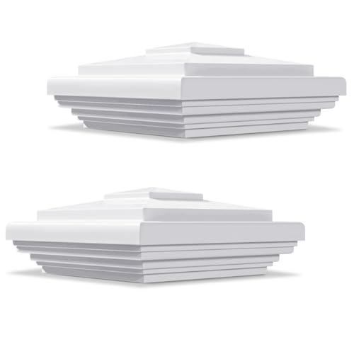 VIVIDA 5" x 5" Vinyl Fence Post Caps, White New England PVC Post Cap, 2 PCS | Actual 5" x 5", New England Pyramid Post Cap, PVC Square Deck Post Cover, For Vinyl Fences, Mailboxes & Decks - color: White-2 Pack, size: Actual 5" x 5"