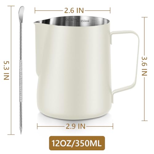 Milk Frothing Pitcher Stainless Milk Cup with Art Pen (White, 350, Milliliters) - color: White