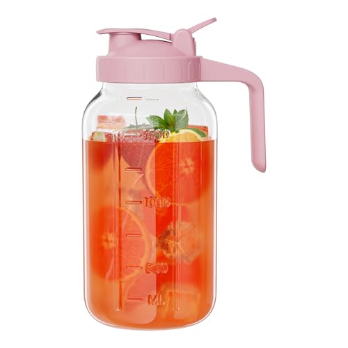 Glass Pitcher with lid, 64 oz Wide Mouth Mason Jar | Dual leak-proof lid, heavy duty glass design, pour spout and handle for cold brew coffee, sun tea and iced drinks - color: Pink, size: 64 Ounces