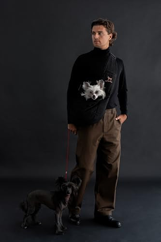 Noah & Paw Dog Sling Carrier for Small Dogs 5-18lb, Dog Sling for Small Dogs and Cats, Dog Carrier with Adjustable Padded Strap, Denim Lined with Fur, 3X Safety Features, Machine Washable - color: Black, size: 18.0"L x 10.0"W x 5.5"H