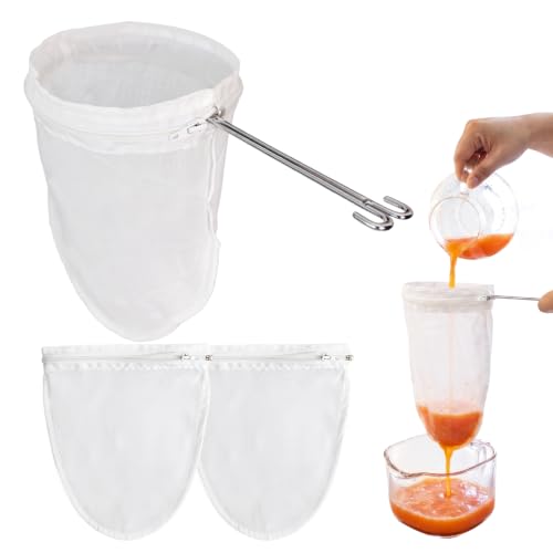 Nut Milk Strainer Bag Set, 3 Filters & 1 Stainless Handle | Secure Closure & Stainless Steel Handle, Washable Fine Mesh for Pulp-Free Nut Milk, Juice & Cold Brew