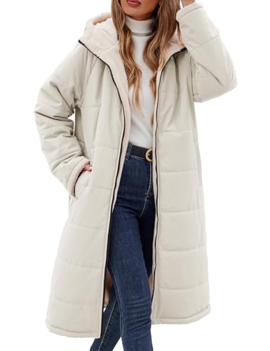 Yusongirl Women's Reversible Long Winter Puffer Coat with Hood and Fleece | Two wearable sides for winter commutes, school runs and city errands, with quilted warmth, soft fleece, a hood and pockets - color: Beige, size: Small