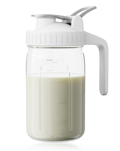 32 oz Breast Milk Pitcher, Glass Mason Jar Pitcher with Lid | Airtight, Leak Proof, Wide Mouth, Pour Spout Lid, Thick Glass, Fridge Safe, Ergonomic Handle, Easy to Clean - color: White, size: 32 Ounces