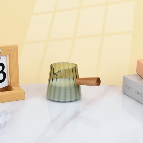 Glass Measuring Cup, 6oz Creamer Pitcher with Wood Handle | Creative Milk Frothing Pitcher Creamer Shot Glass (Gray） - color: Gray