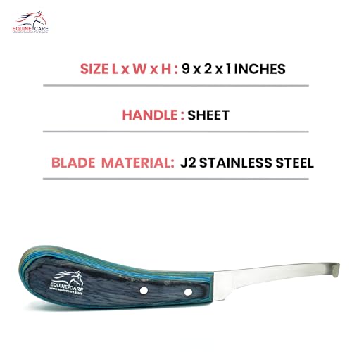 Left-Handed Narrow Farrier Hoof Knife, Horses, Ponies, Minis | Narrow hoof knife for detail trimming; J2 stainless steel blade; smooth blue layered handle; right- or left-handed - style: Left-Handed