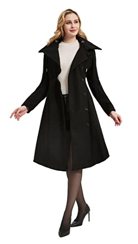 Long Trench Pea Coat for Women - Winter Trench Coat Goth Lapel Peacoat Outwear Thick Hood Pea Jacket Trenchcoat - color: A- Black, size: X-Small