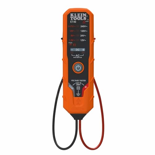 Klein Tools ET40 Digital AC/DC Voltage Tester, 12-240V AC, 1.5-24V DC, LED Illumination, DC Polarity, Auto Off, CAT III 250V-Class 2- Double Insulation, IP41 Dust and Water Resistant