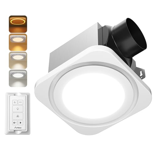 Amico Bathroom Exhaust Fan with Light, 80 CFM, 1.0 Sones, 3CCT & Nightlight | Ceiling Opening 7.6'' x 7.3'', Retrofit Ventilation Fan with 1400LM 18W LED Light, 3000K/4000K/5000K, Remote, FCC Certified